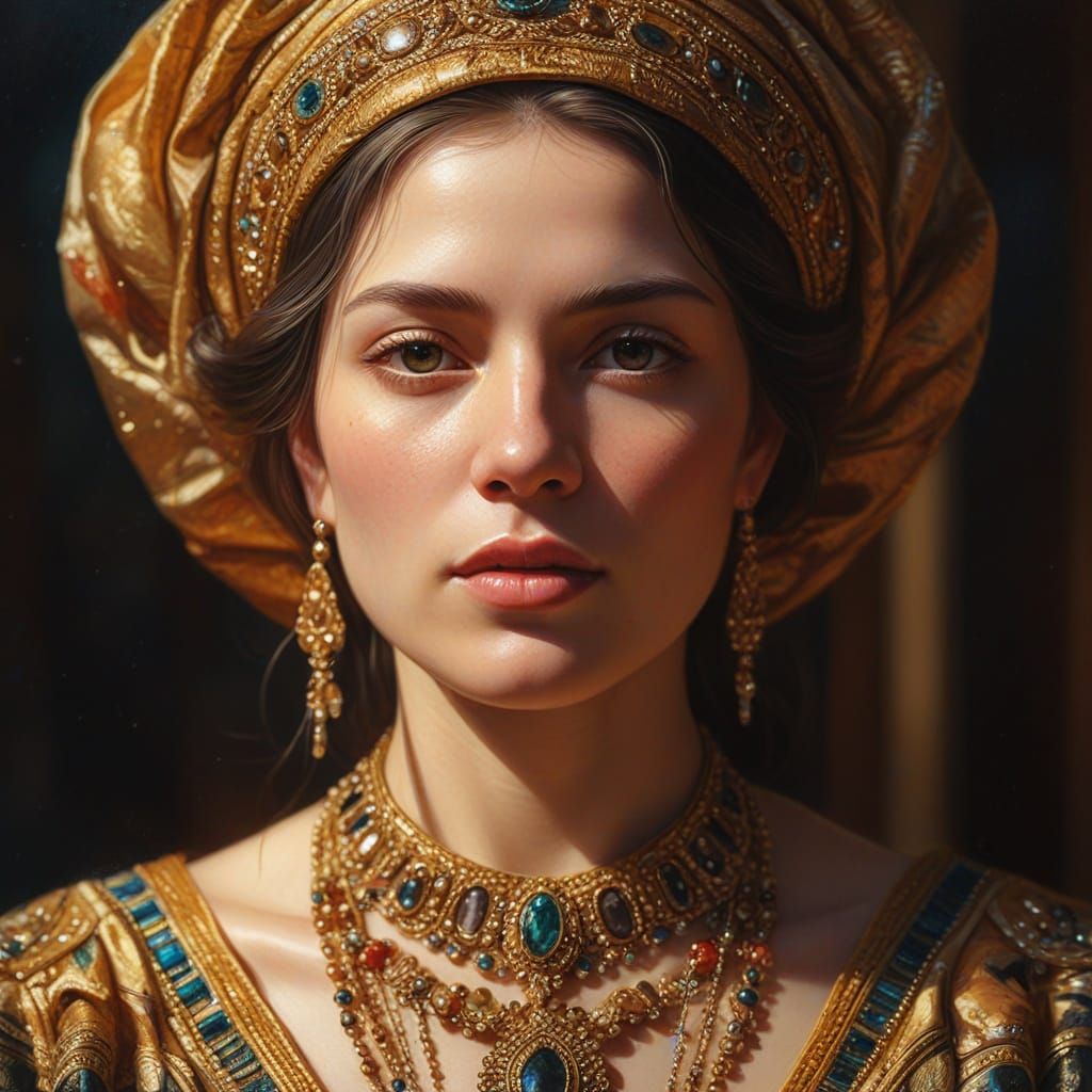 Hyper-Realistic Oil Painting of Woman in Gold Light