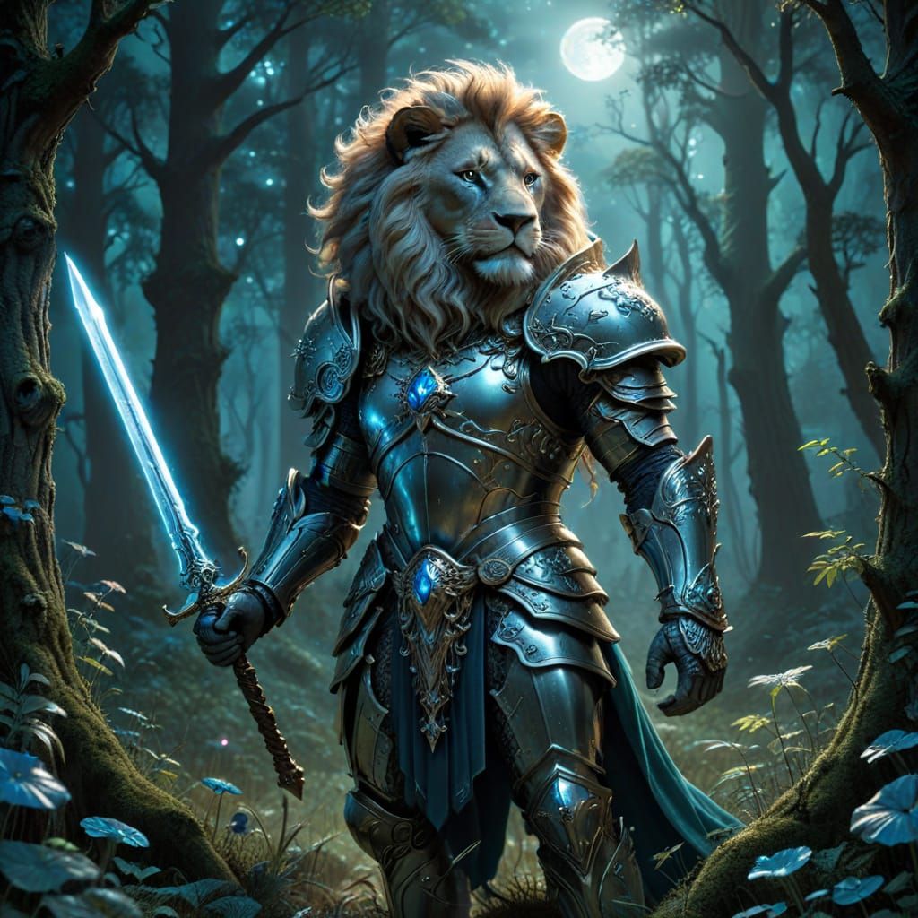 Lion Knight with Magical Sword in Moonlit Forest
