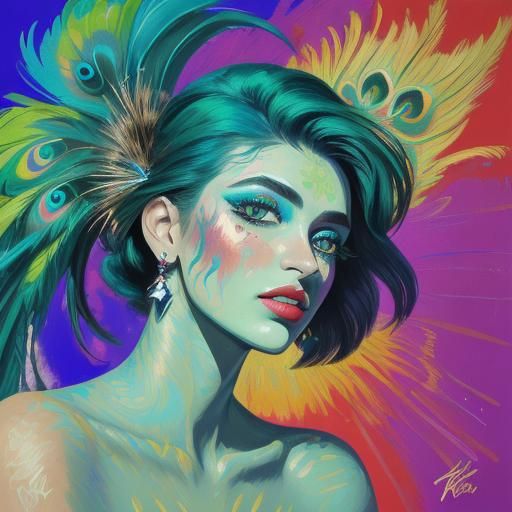 Peacock Woman Portrait in Abstract Expressionist Style