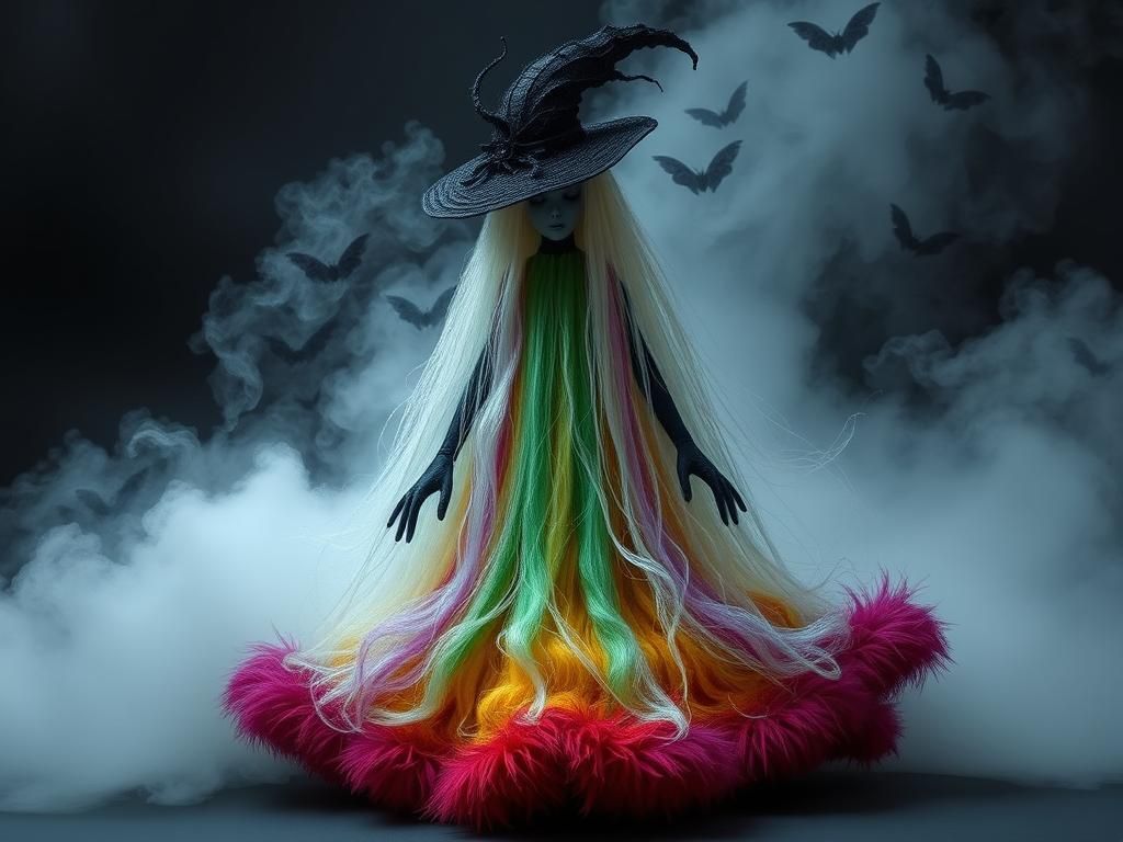 Ethereal Rainbow Ghosts Haunt Mansion in Textile Art Style