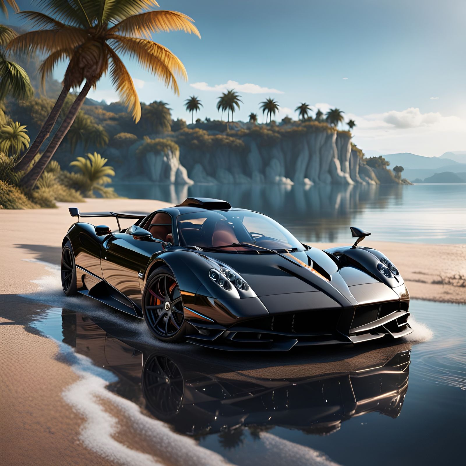 Black Pagani Rivera on Island: Hyperrealistic Concept Art
