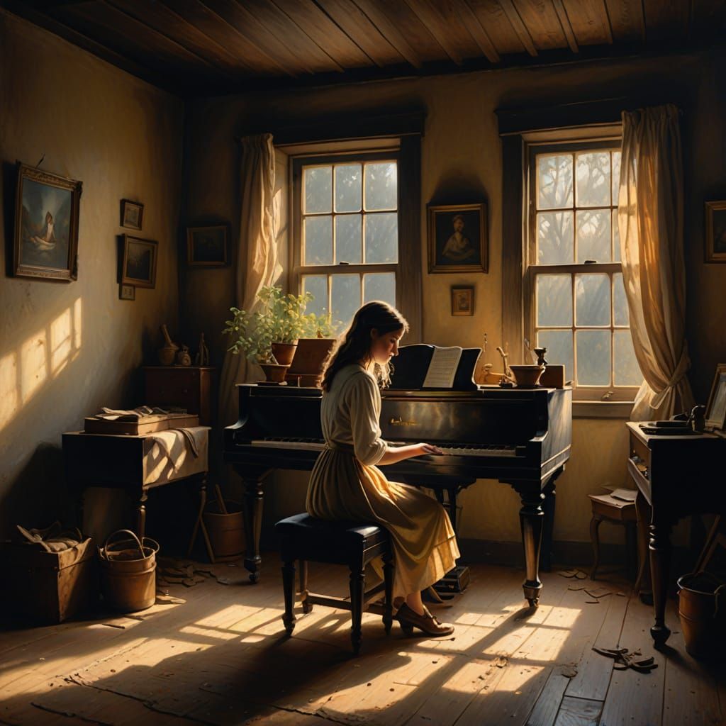 Whimsical Girl in Attic Piano Scene with Night Scenery