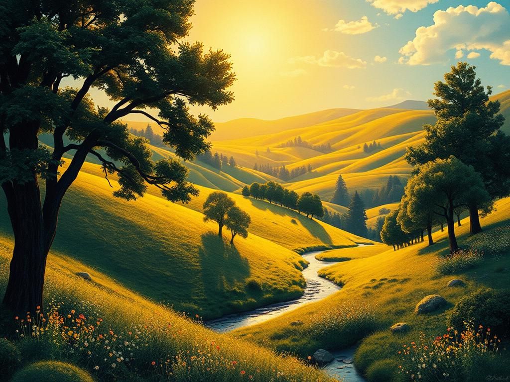 Idyllic Landscape in Chromolithography Style