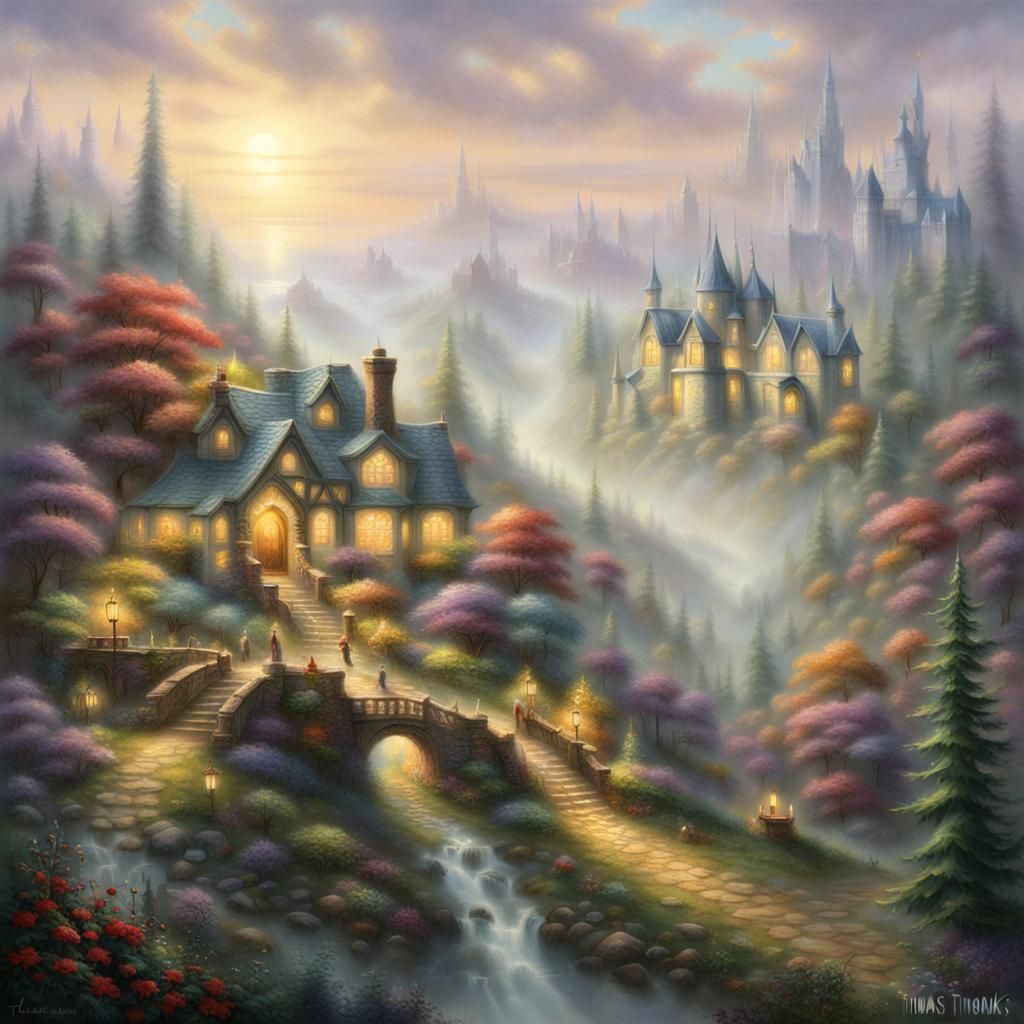 Ethereal Elven City in Foggy Forest