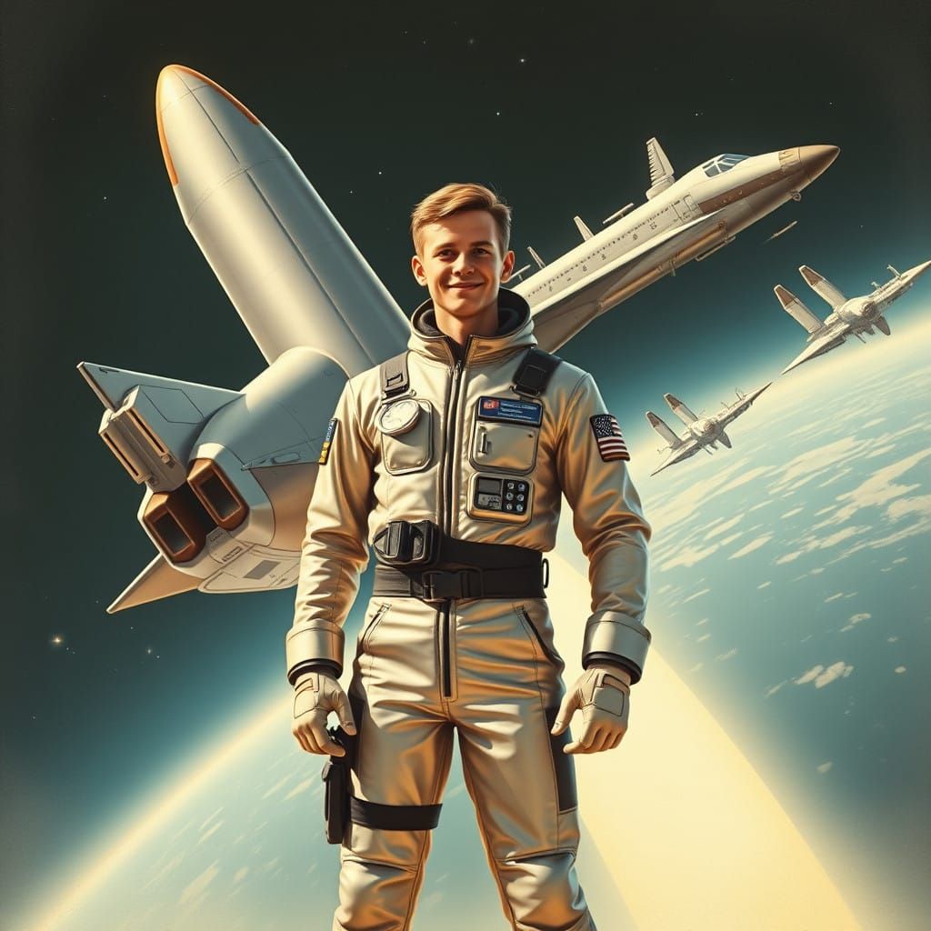 Space Cadet Standing Proudly in Front of Retro-Futuristic Sp...