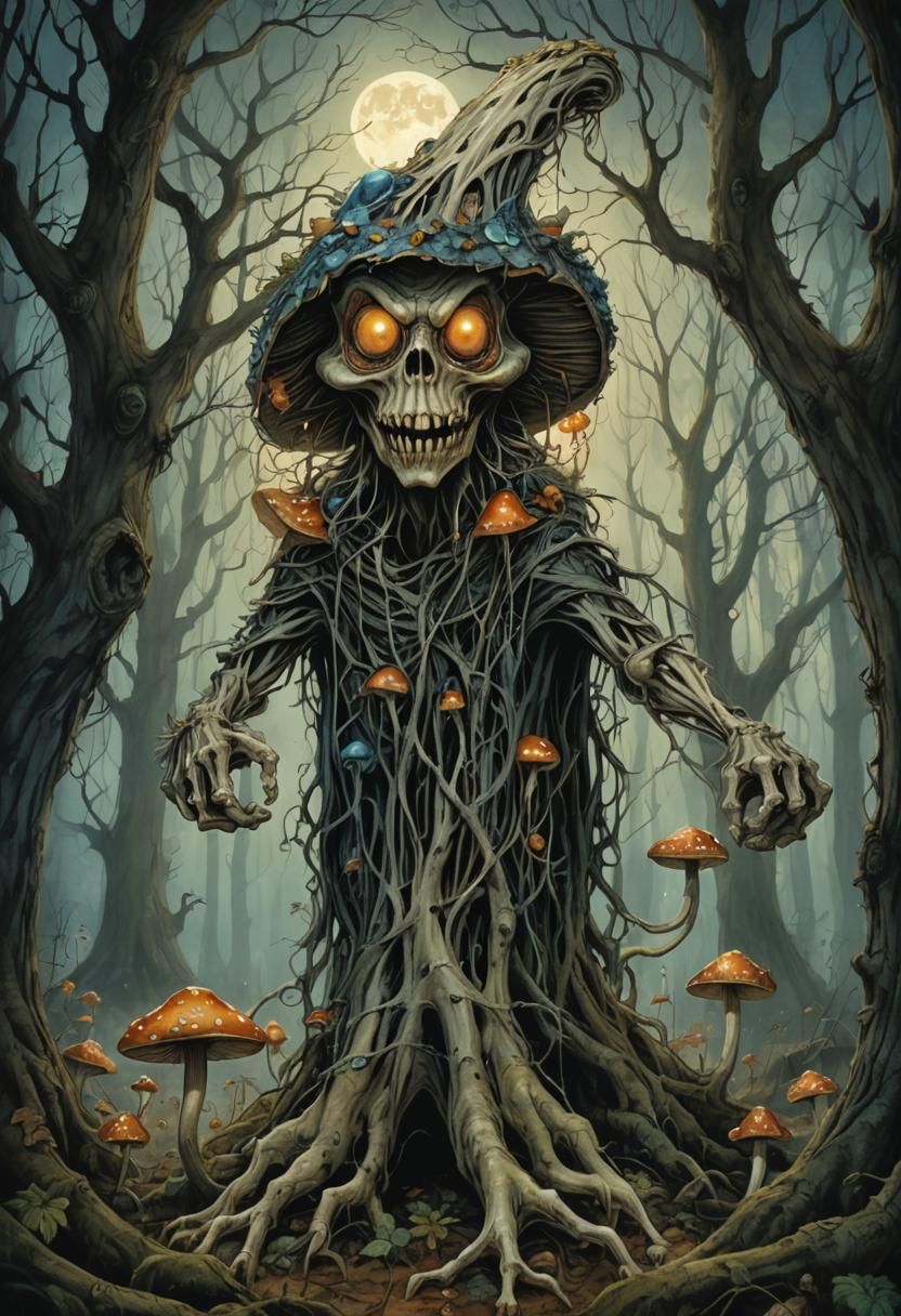 Mushroom Demon in Haunted Forest, Brian Froud Style