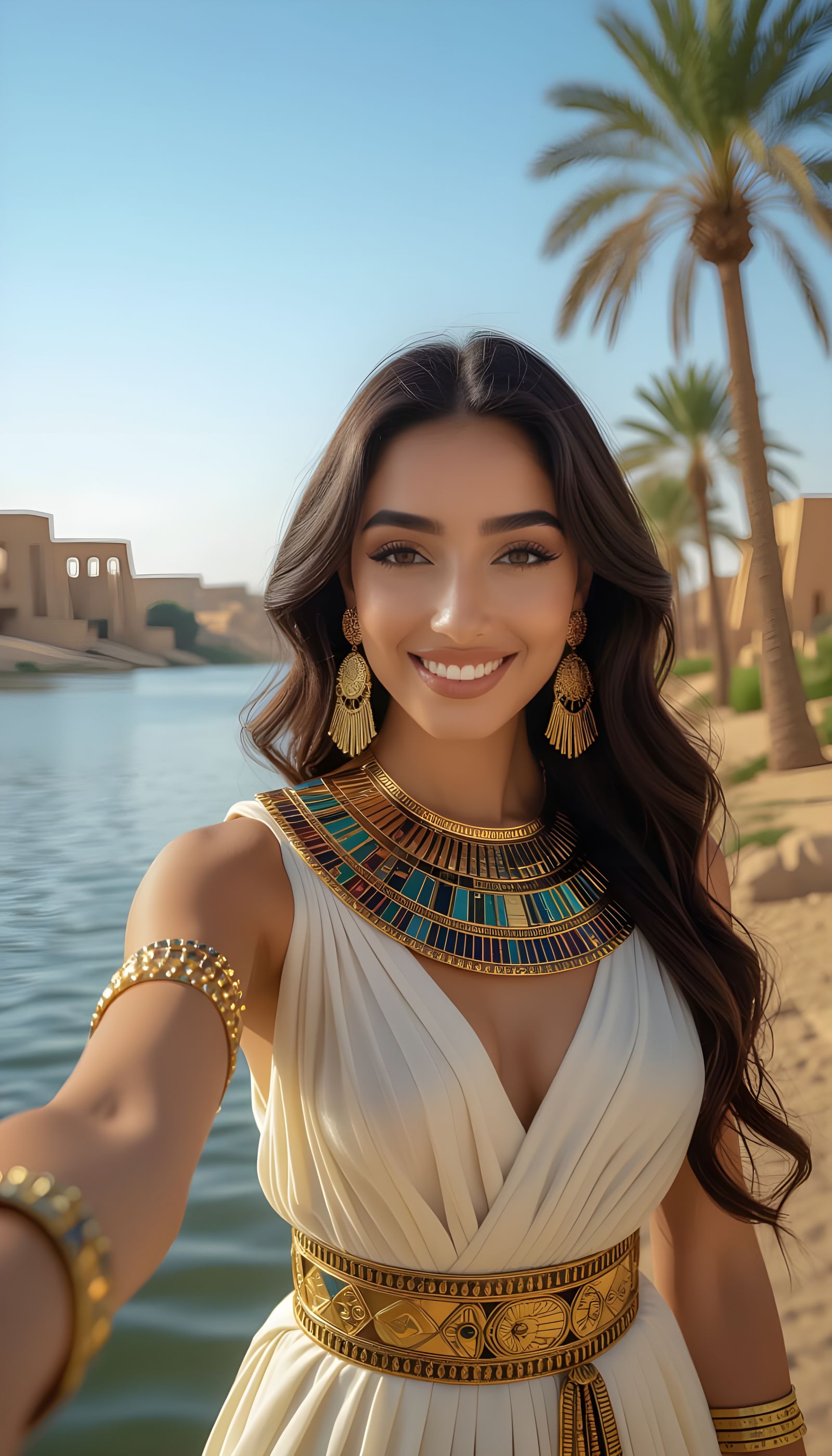Egyptian Queen's Nile Selfie in Golden Attire