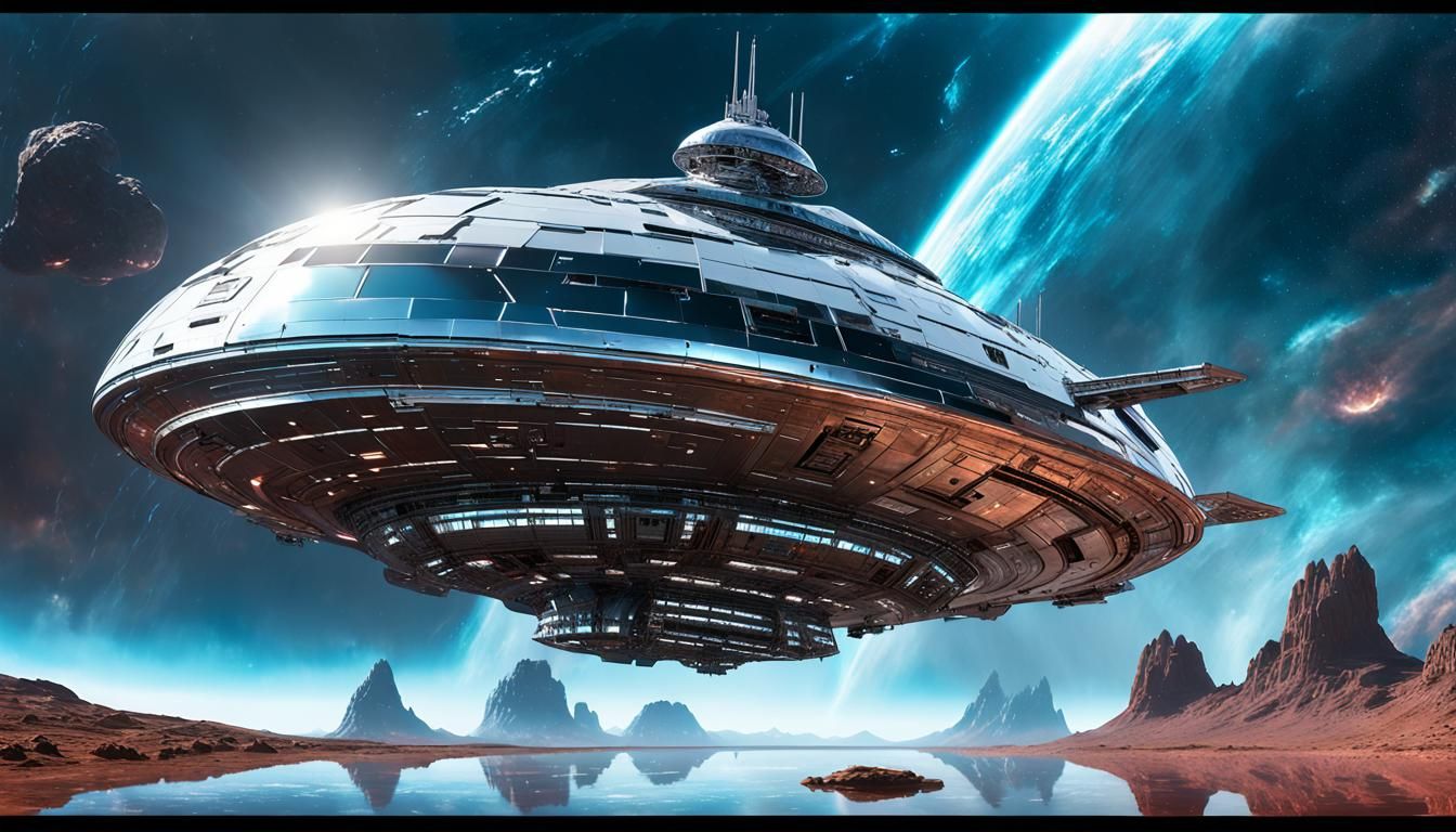 Chrome Spacecraft Emerges from Nebula in Art Deco Style