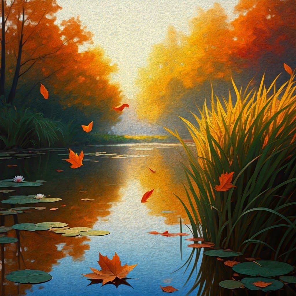 Autumn Pond Scene in Renoir Impressionist Style