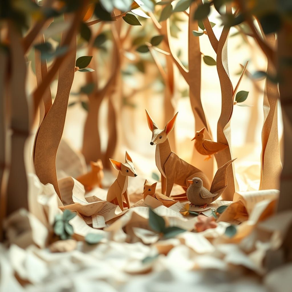 Origami Forest with Paper Animals and Notebook Pages