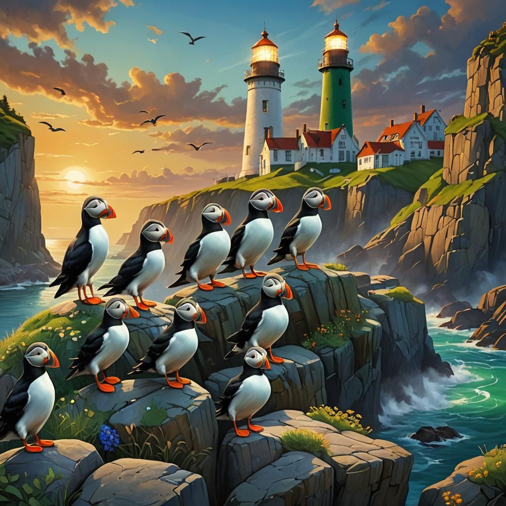 Puffins on Cliffside with Lighthouse: Digital Oil Painting