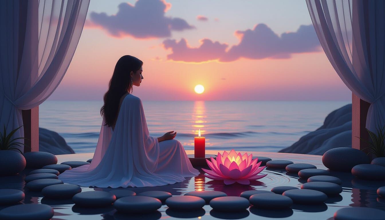 Serene Woman in Sacred Sanctuary with Glowing Lotus
