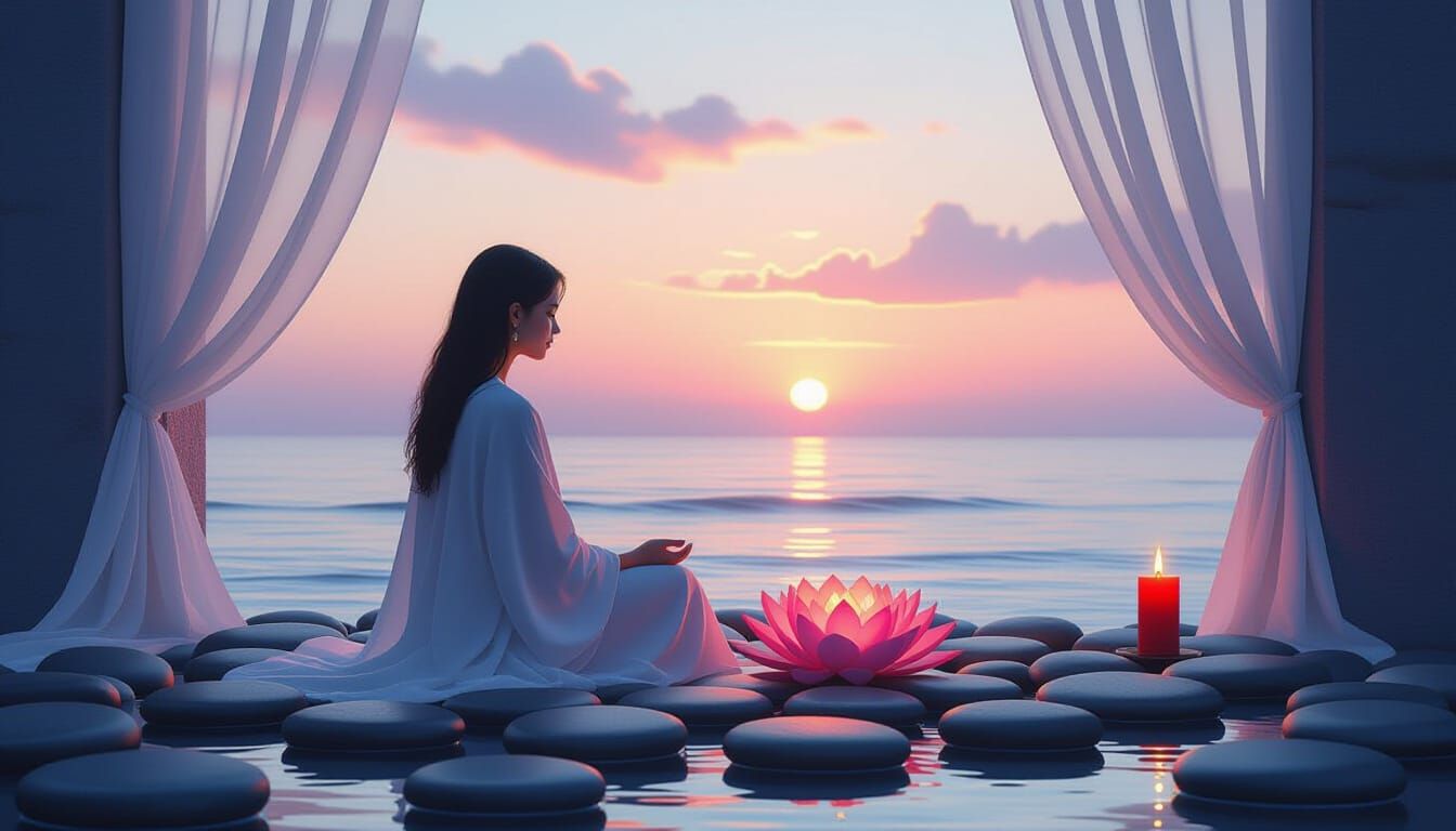 Sacred Sanctuary with Glowing Lotus and Candle
