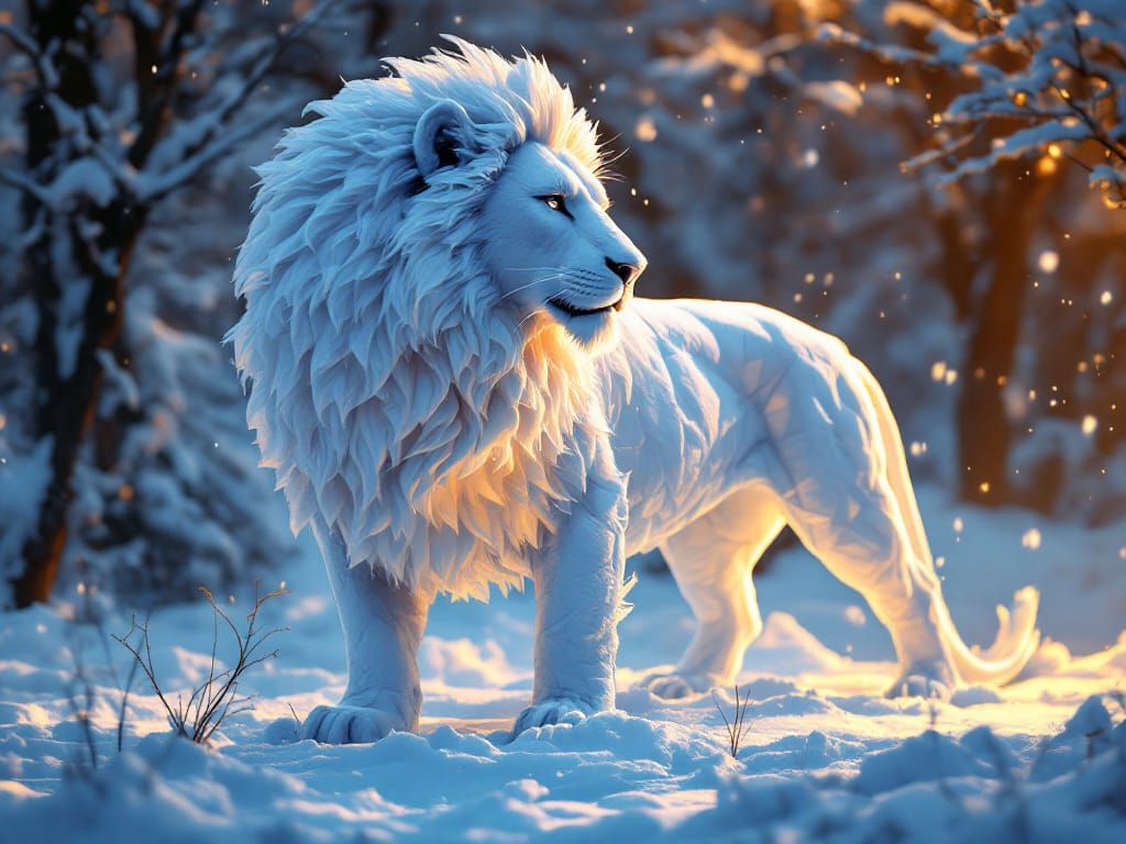 Majestic Snow Lion Sculpture in Warm Winter Light
