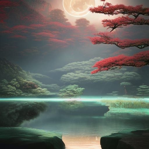 Emerald River Temple Under Moon in Detailed Matte Painting