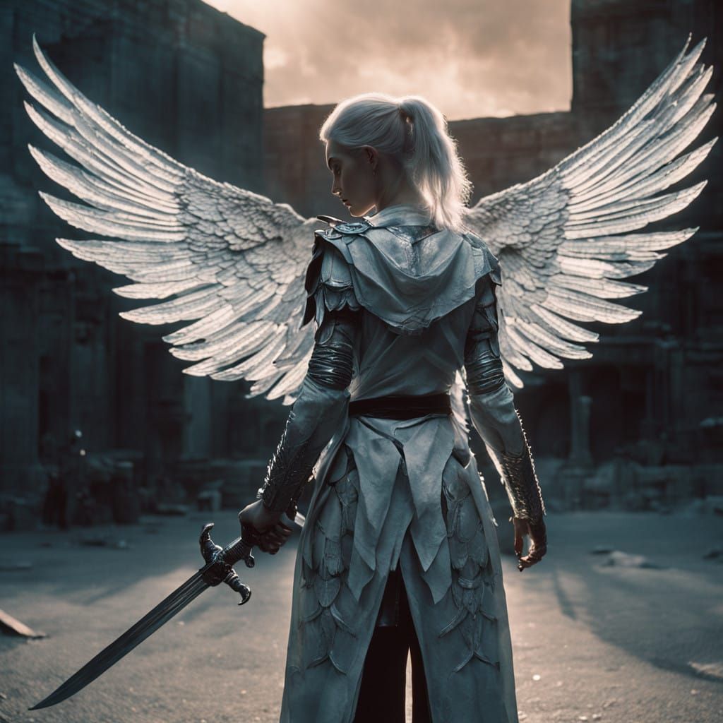Cybernetic Goddess with Chrome Skin and Wings, Holding Sword