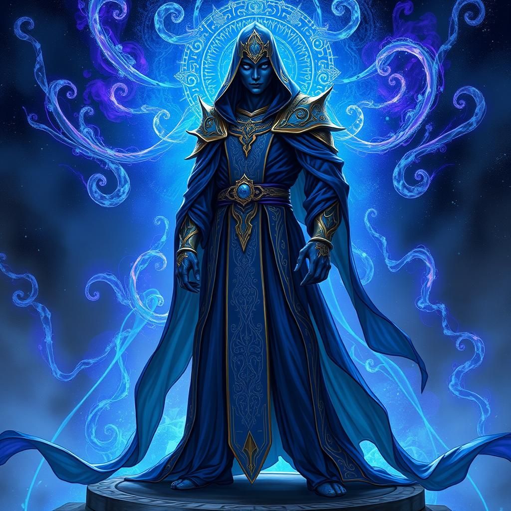 Arcane Guardian in Indigo Robes: Digital Sci-Fi Art