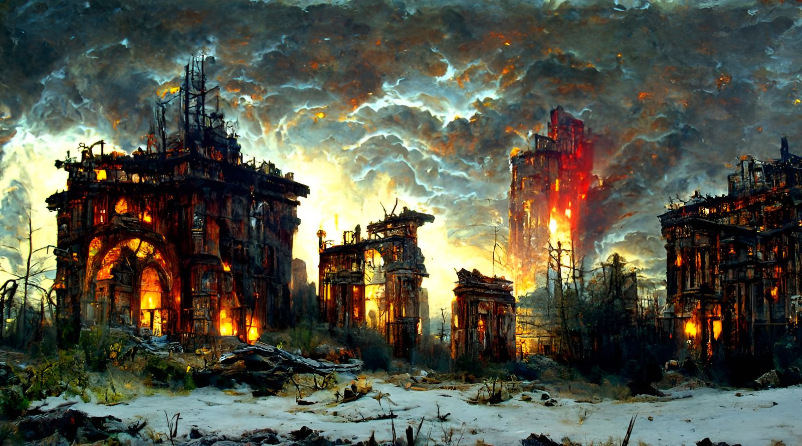 Detailed Post-Apocalyptic City Ruins with Fire