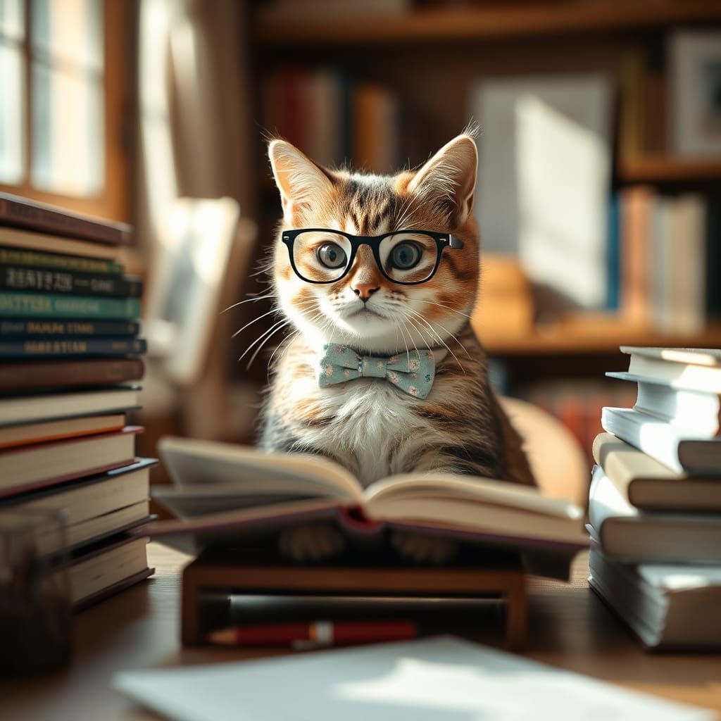 Adorable Cat Studying Korean in Cozy Setting