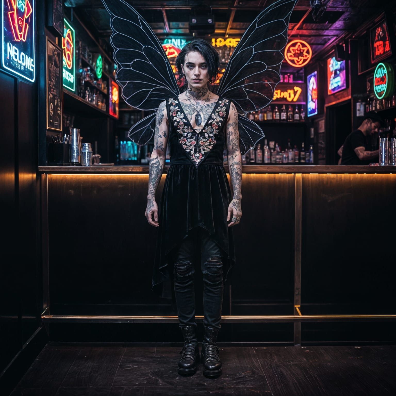 Gothic Fairy Bartender in Nightclub Scene