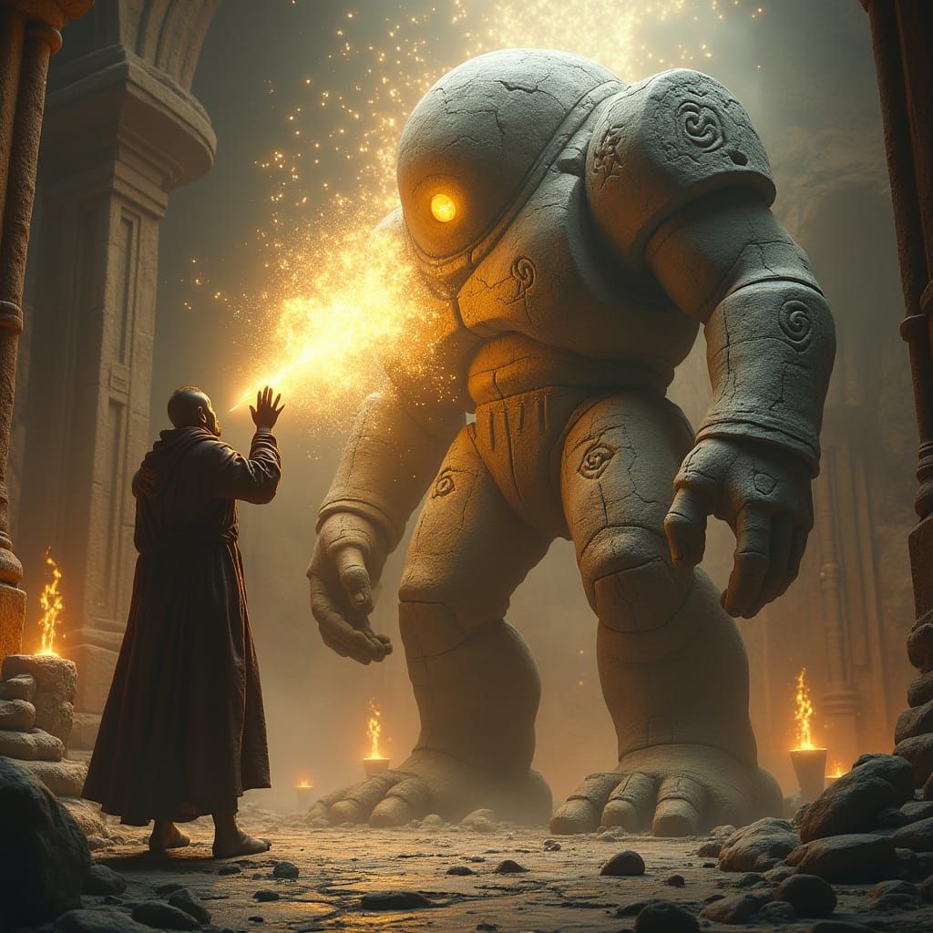 Divine Artisan Awakes Stone Golem in Epic Fantasy