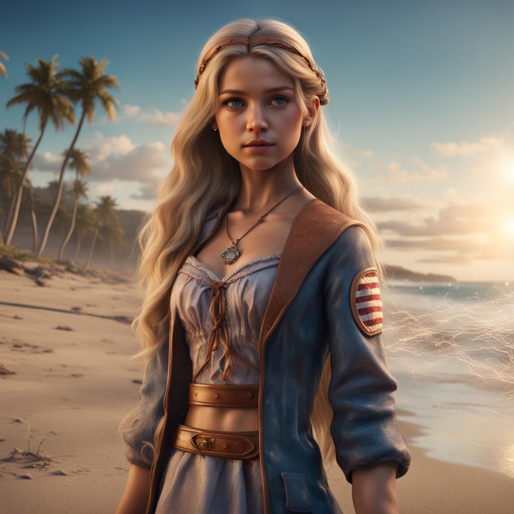 American Girl on Beach: Detailed Matte Painting