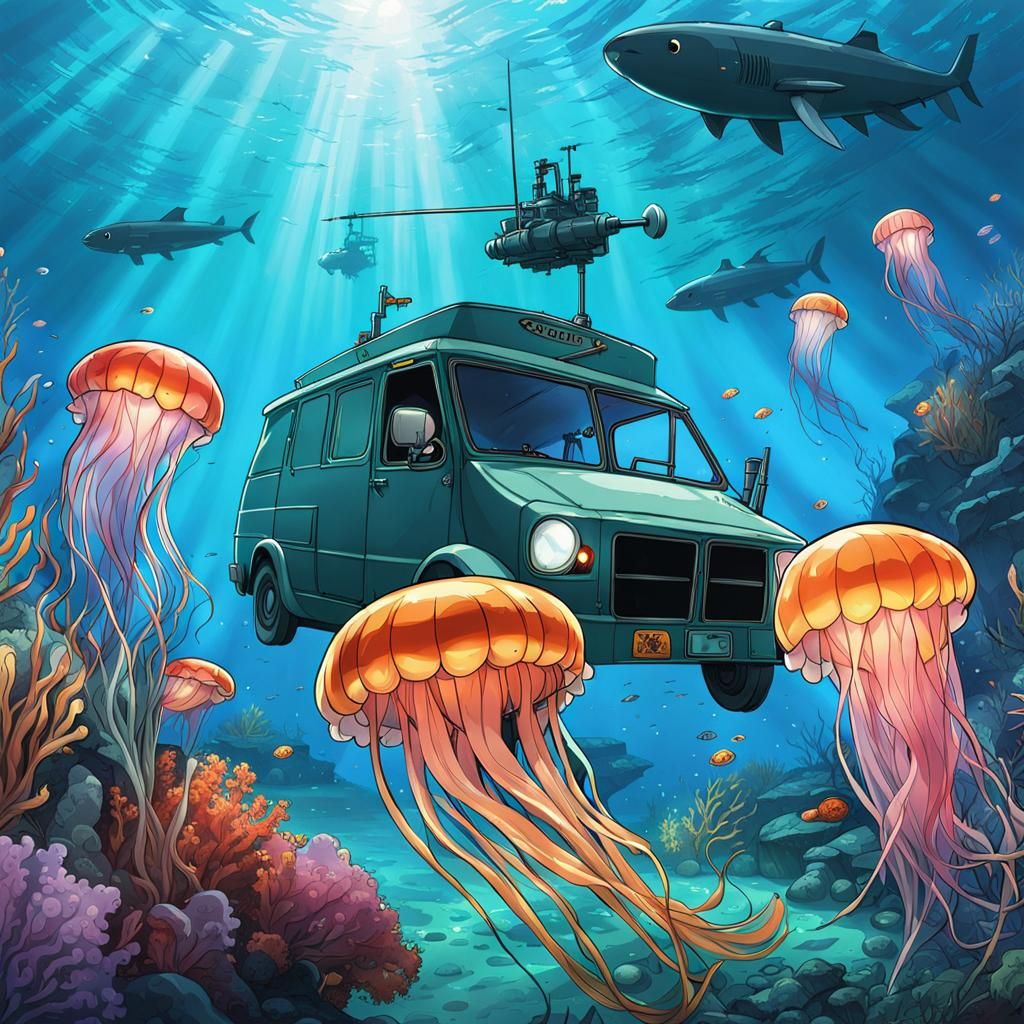 A-Team vs Jellyfish Army Underwater in Anime Style