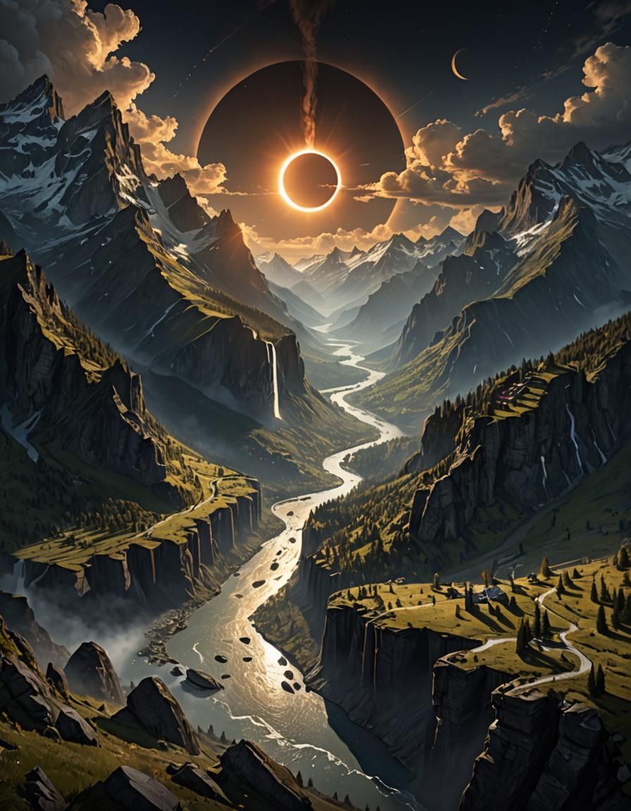 Majestic Mountain River Scene at Solar Eclipse
