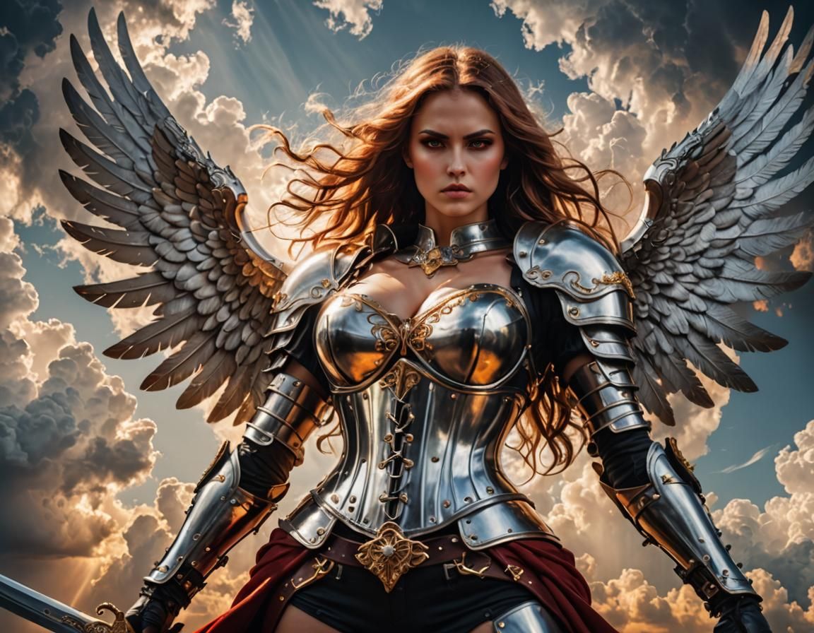 Fiery Angel in Metal Armor Gazing Skyward