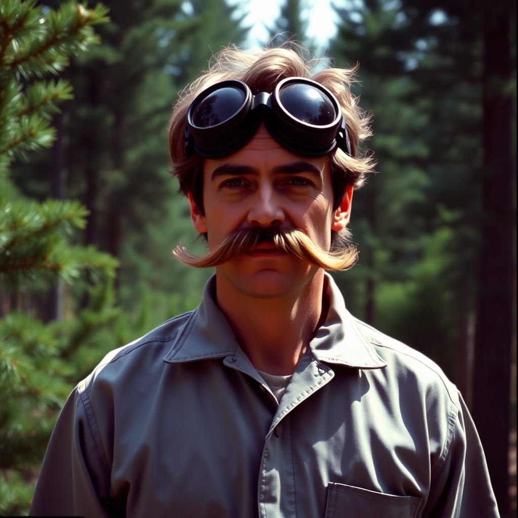 Man in Goggles Explores a Retro-Futuristic Pine Forest