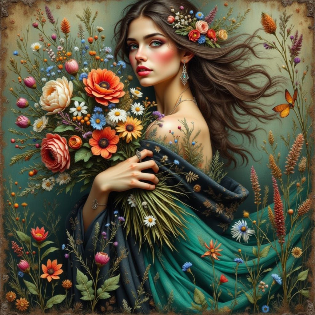 Woman in Green Dress with Wildflowers, Art Nouveau Style