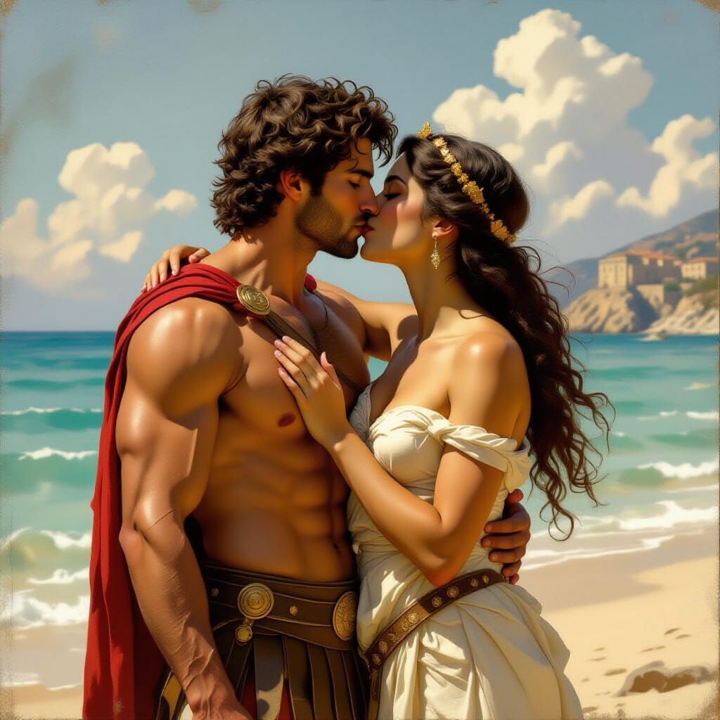 Ancient Greek Hero Theseus Kisses Ariadne on Grecian Beach