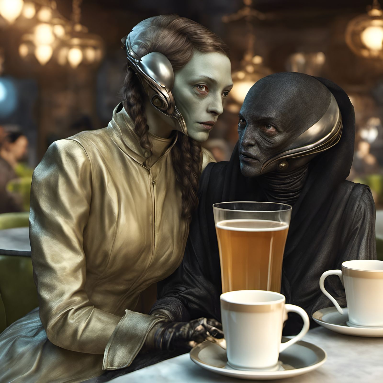 Alien Women Enjoying Tea: Photorealistic Surrealist Portrait