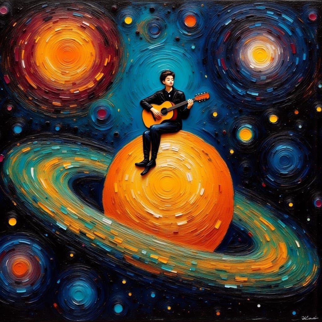 Guitarist's Cosmic Serenade on Saturn in Surreal Style