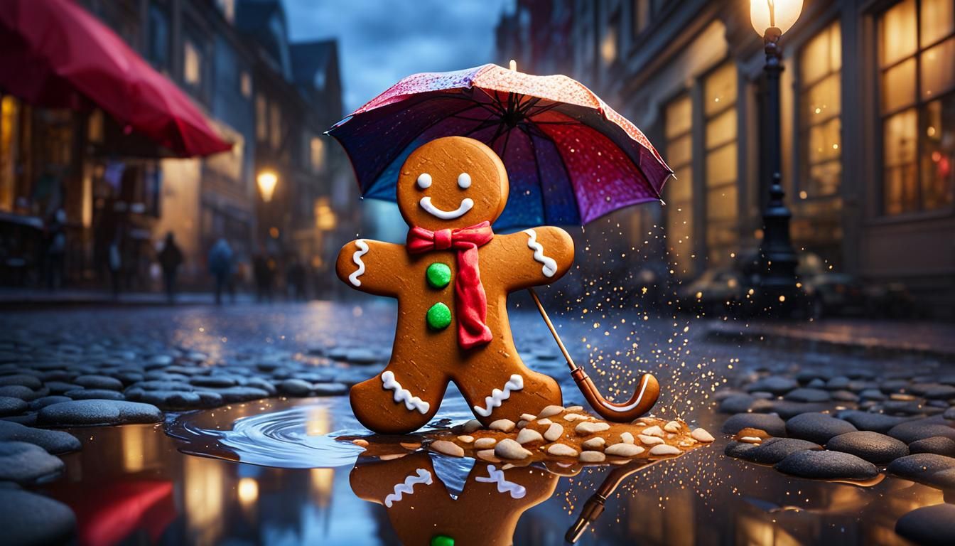 Gingerbread Man Puddle Artist in Hyperrealistic Splash Art
