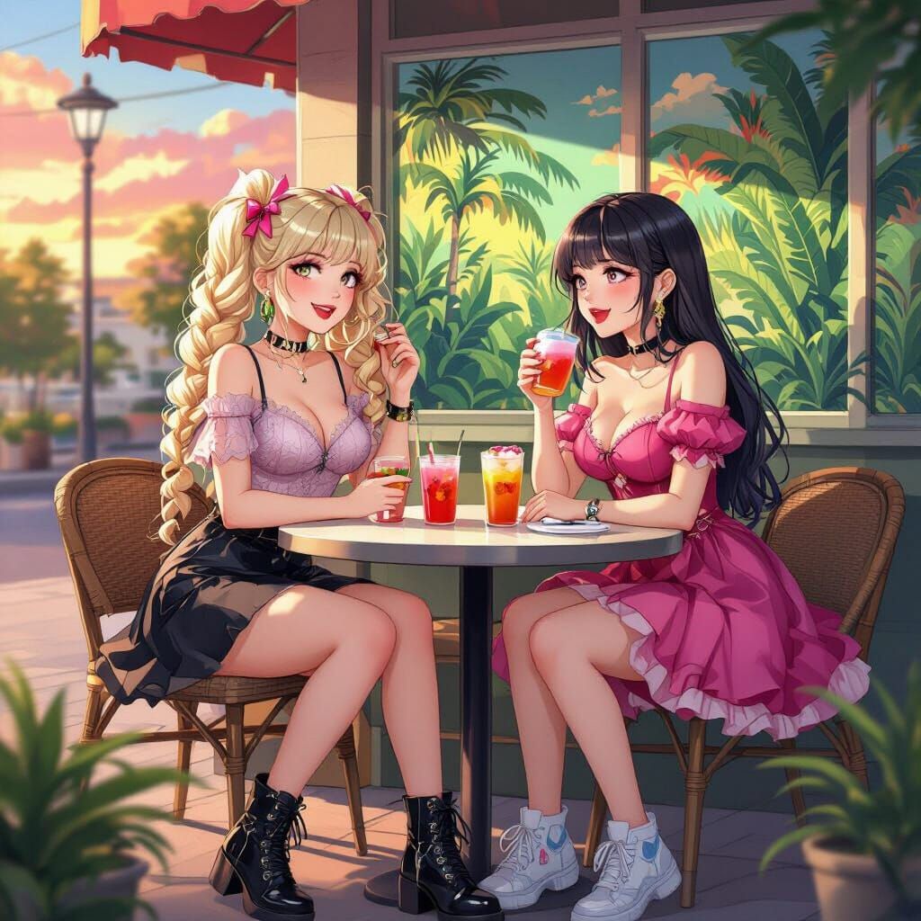 Girls Chatting at Flamingo Plaza in Anime Style
