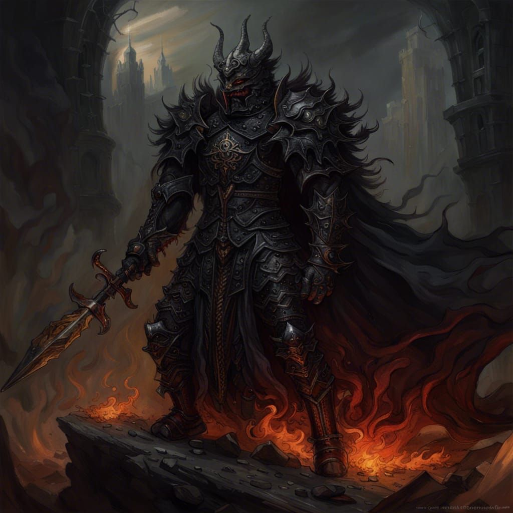 Dark Fantasy Demon Lord of Flames in Black Armor