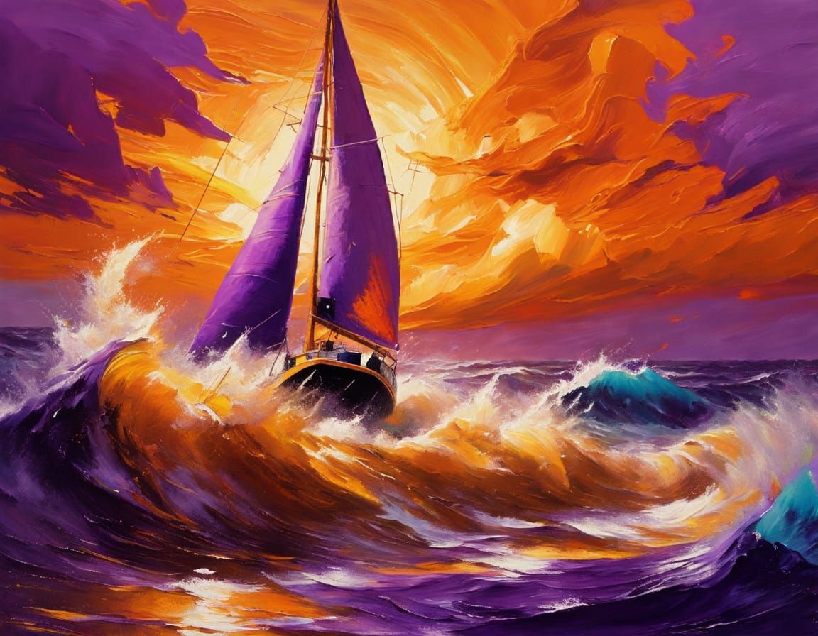 Dramatic Oil Painting of Purple Sailboat in Stormy Orange Wa...