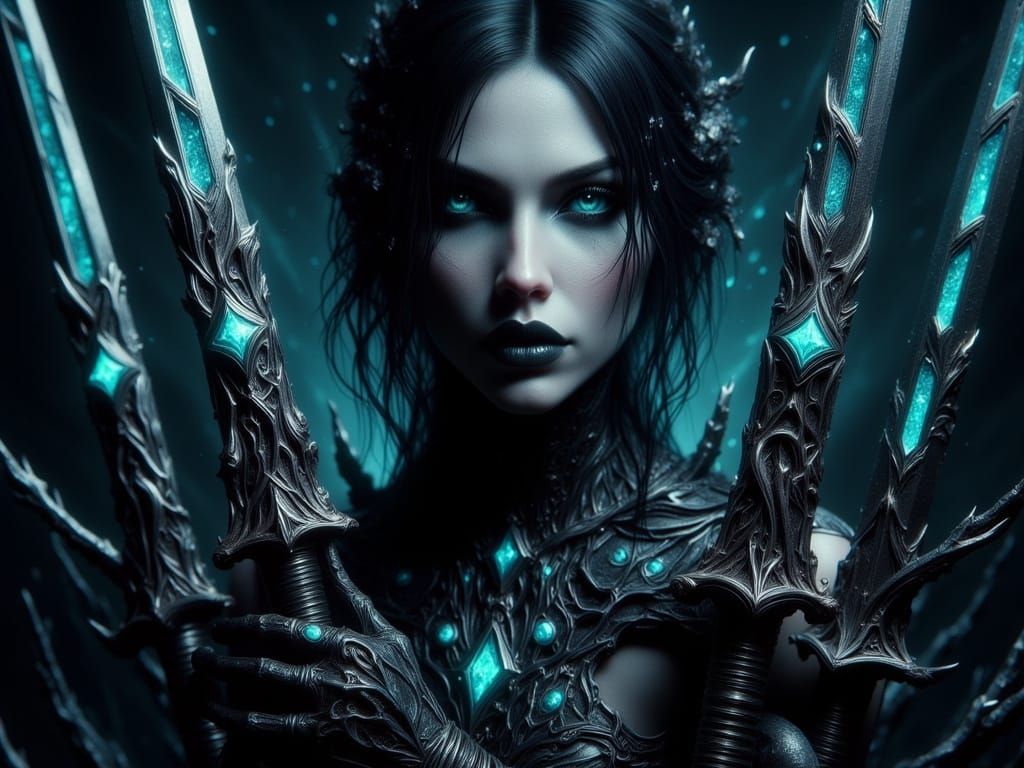 Gothic Woman in Turquoise Armor Wields Dual Swords