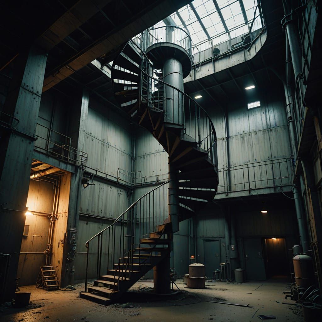 Dystopian Spiral Staircase in a Desolate Underground Silo