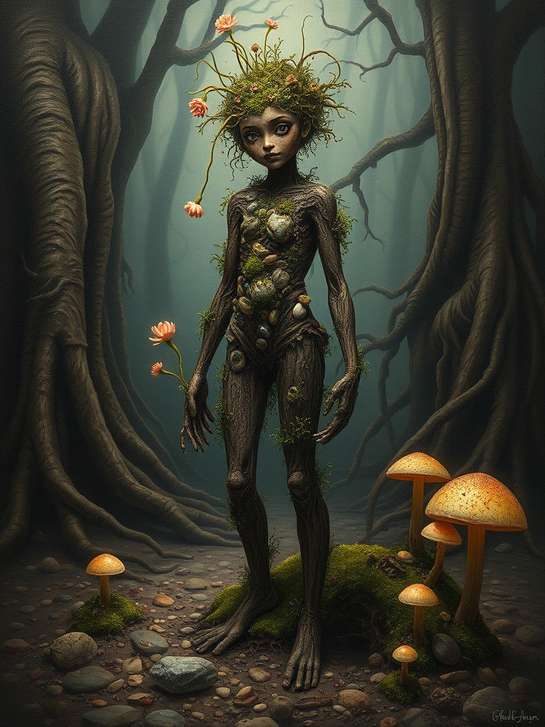 Earthen Humanoid in Mystical Landscape as Oil Painting