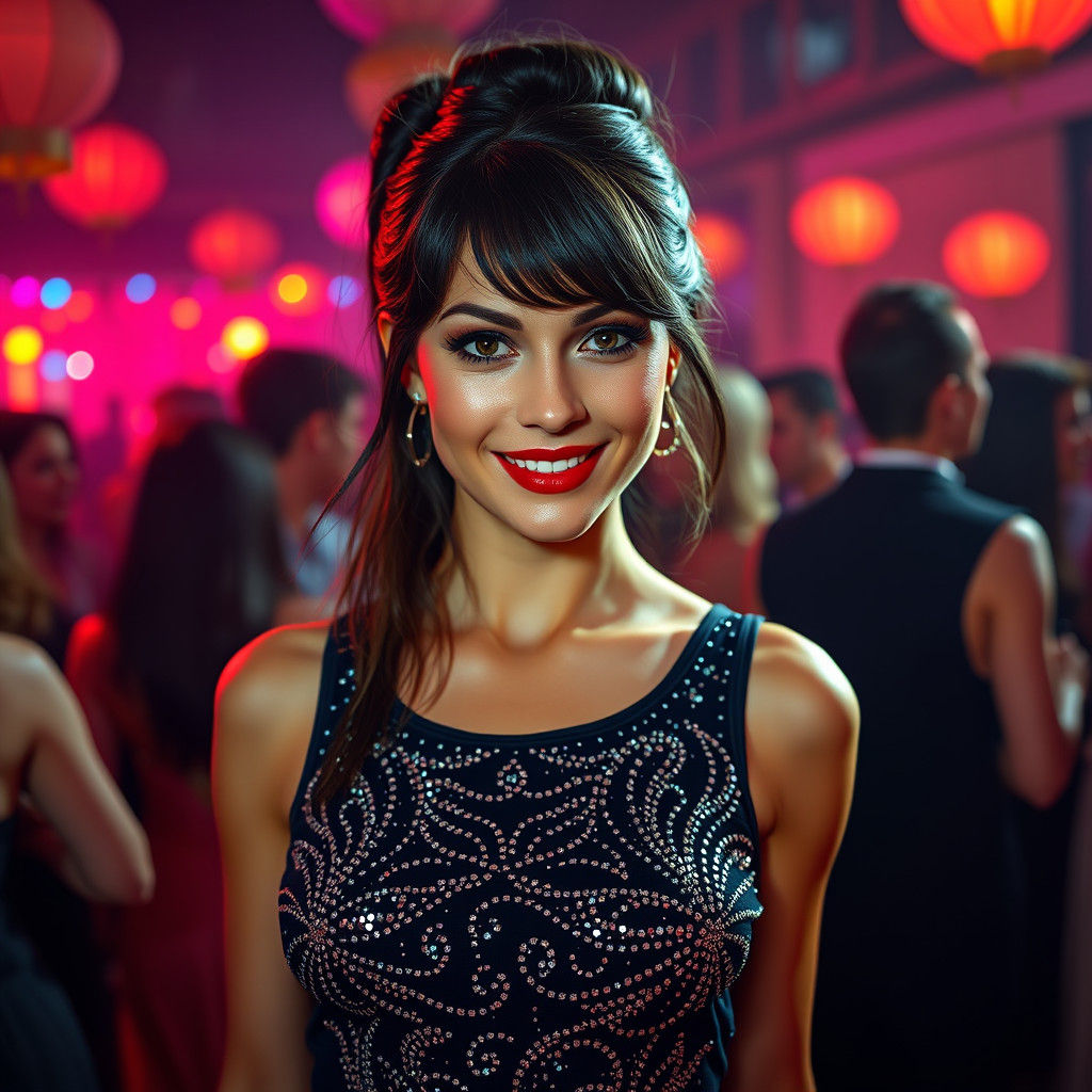 Elegant 70s Woman with Sparkly Top at Party