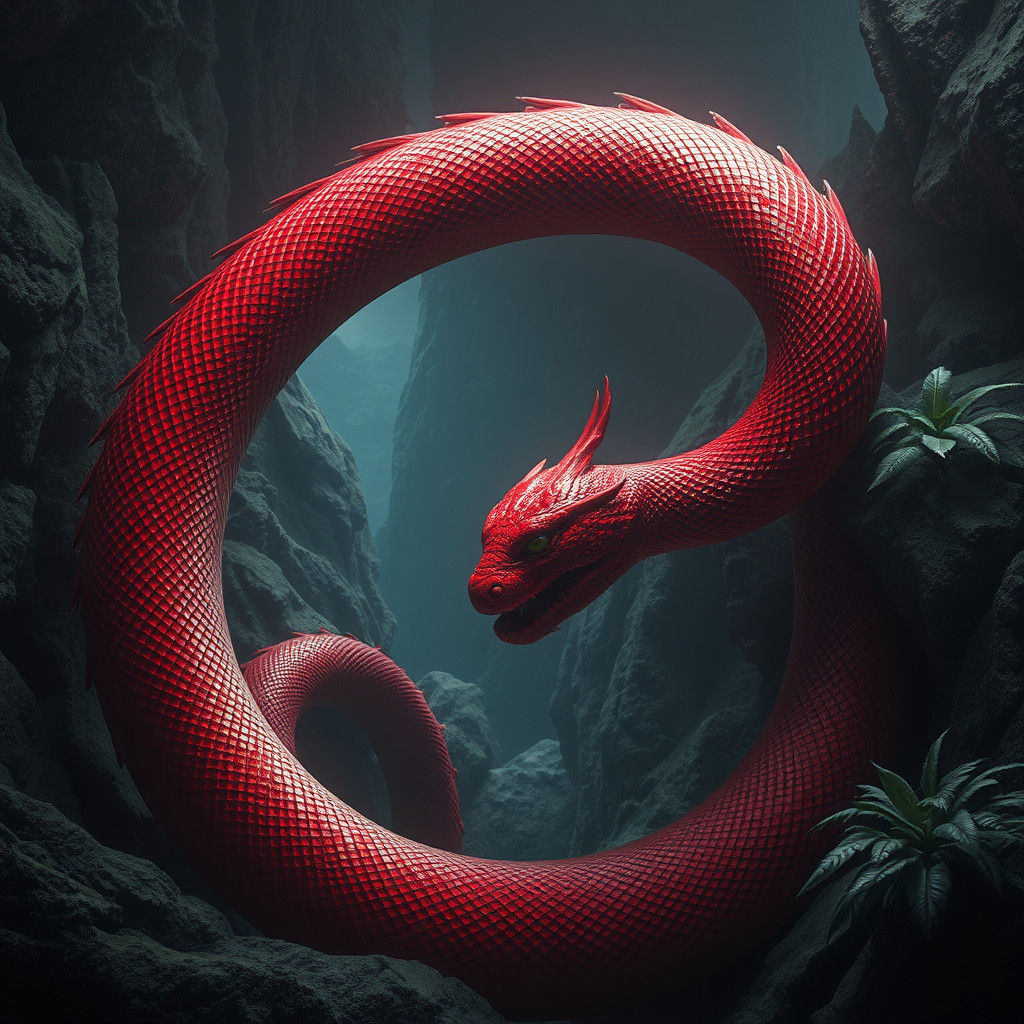 Majestic Red Serpent in Lush Mystical Environment