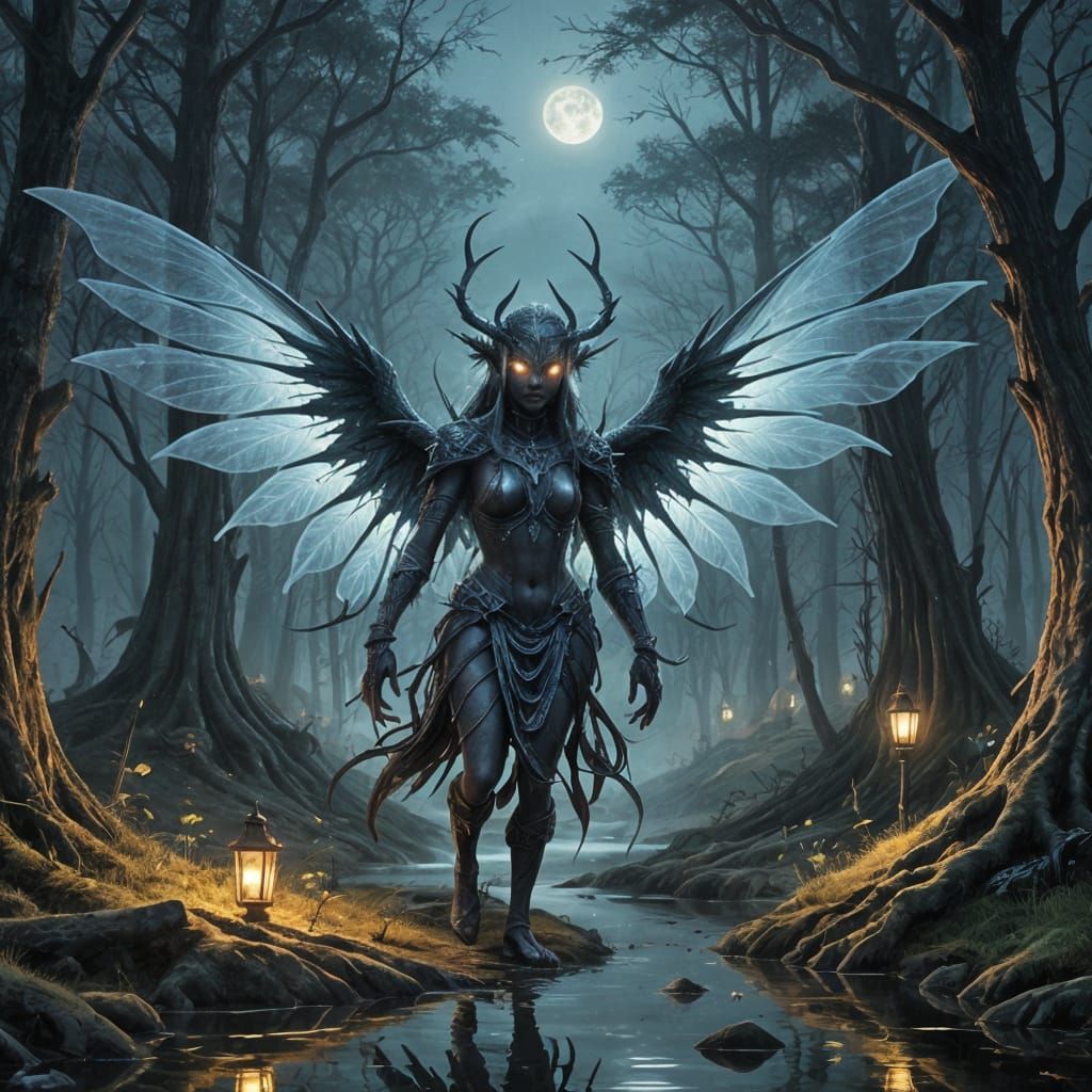 Mysterious Dark Fey in Ethereal, Iridescent Garb Unfolds Del...