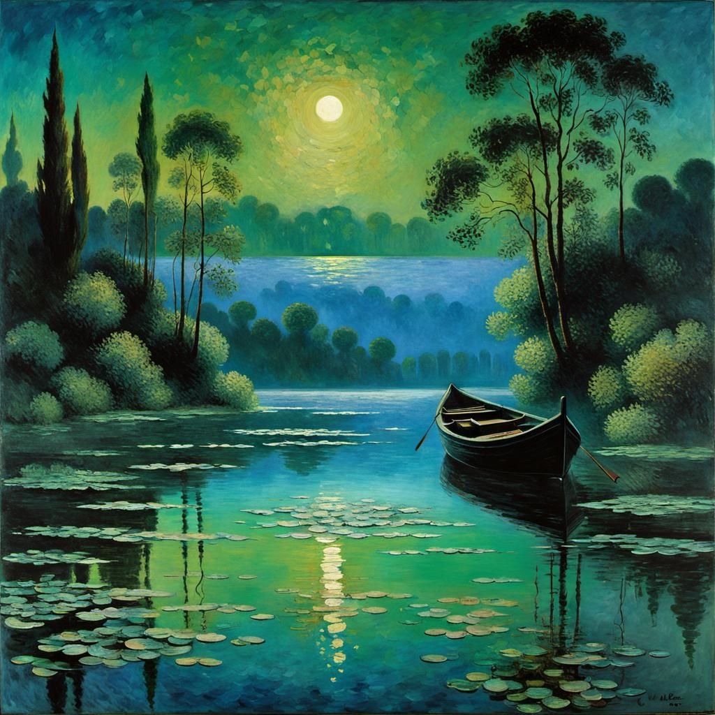 Impressionistic Sunset Over Lake with Starry Sky