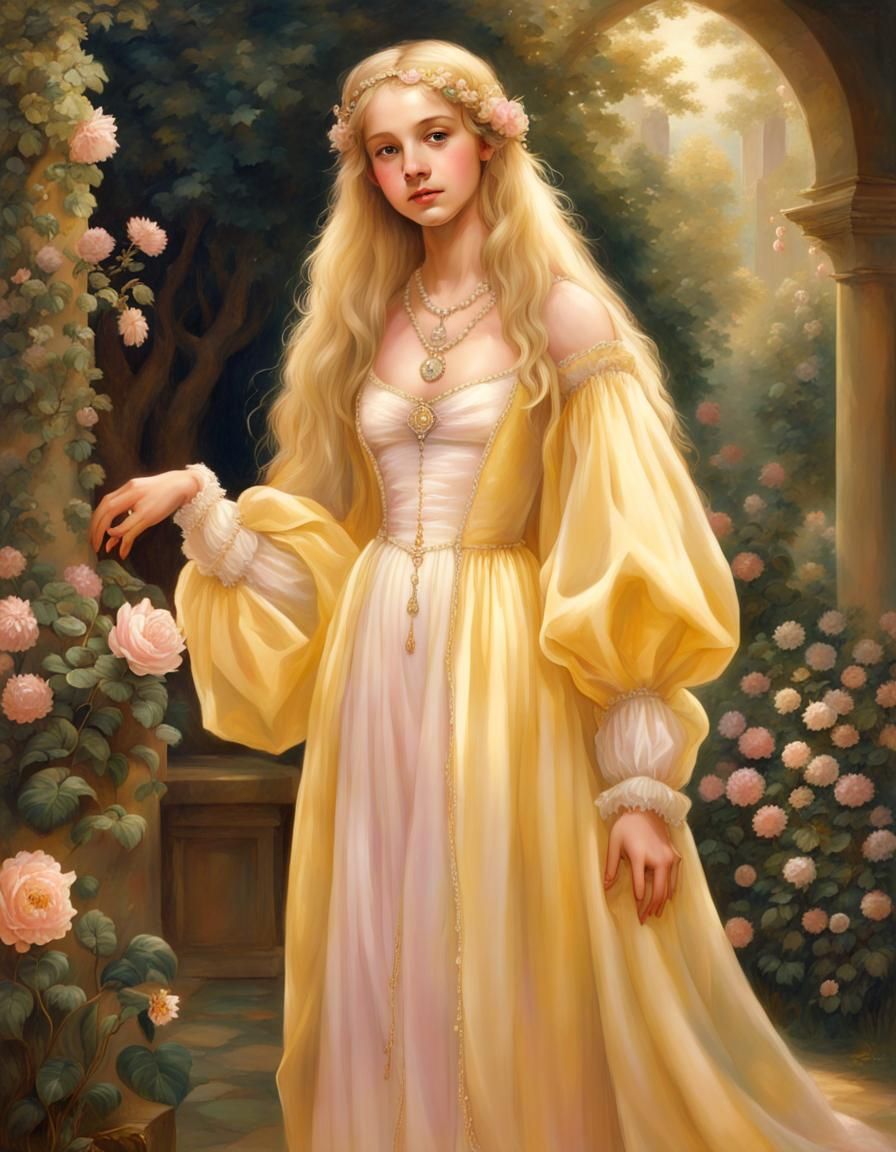 Renaissance Girl in Garden with Golden Hair