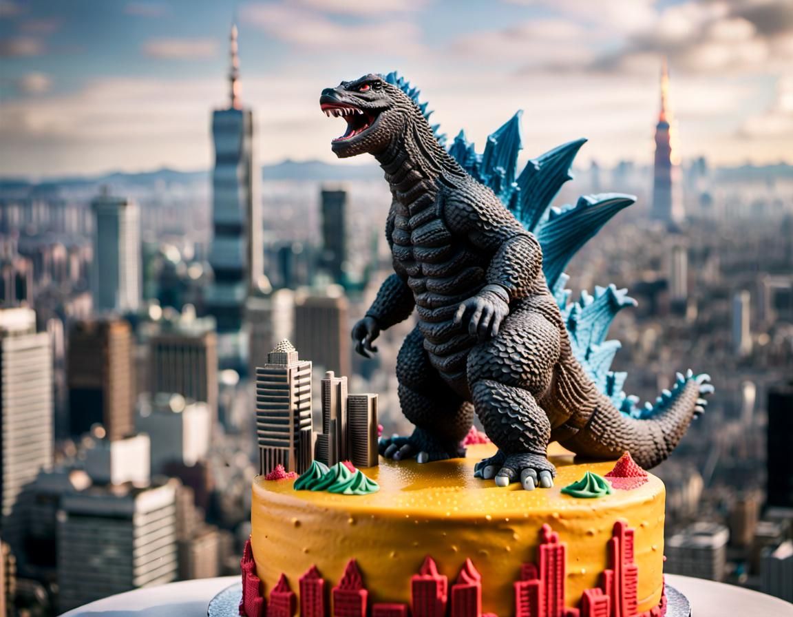 Godzilla Cake Sculpture Over Tokyo in Photorealistic Style