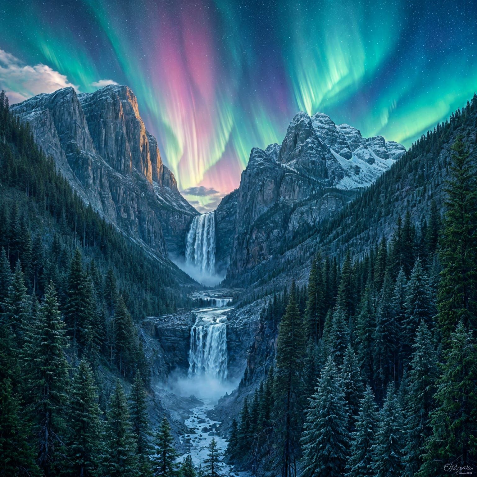 Majestic Waterfall Hidden in Aurora Lit Mountains
