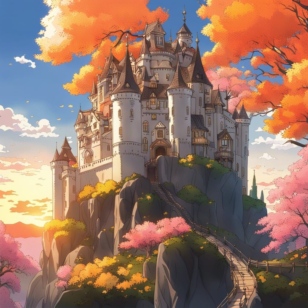 Floating Castle Above Golden Forest: Ghibli-esque Anime Art