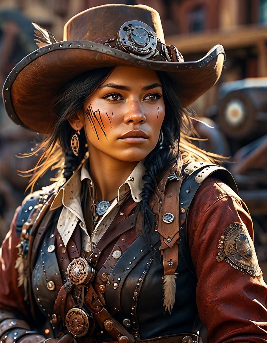 Native American Gunslinger in Steampunk Wild West